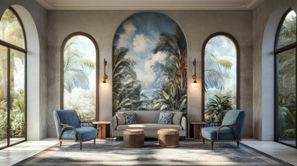 Luxurious living room with tropical mural, arched windows, and blue armchairs.