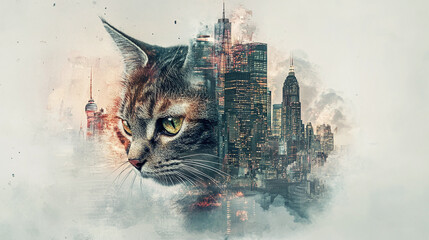 Portrait of a cat combined with urban city scenes, representing adaptability