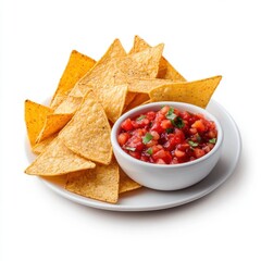 Fresh Tortilla Chips with Colorful Salsa on a White Plate for a Tasty Snack or Appetizer