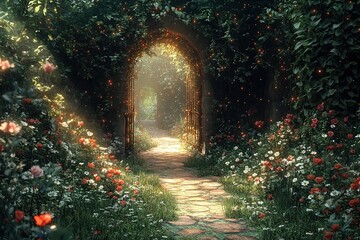 Obraz premium Whimsical floral fantasy with secret garden hidden behind golden gates ivy-covered archways leading to enchanted meadow of delicate wildflowers, shimmering fairy lights in foliage.