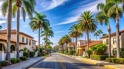 Residential street with palm trees and Spanish-style homes, california