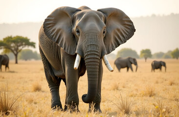 Obraz premium Majestic elephant in African savanna. Horizontal photo of a majestic elephant with large tusks and ears walking through a dry savanna with other elephants and trees in the background