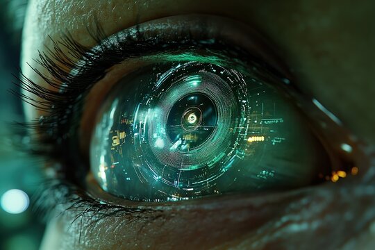  Close-up of cybernetic eye with digital HUD display human eye enhanced with robotic components, holographic interface, scanning symbols, rotating iris with glowing data streams.