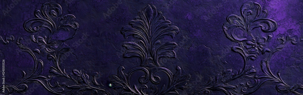 Poster Dark and moody textured background with intricate floral patterns in deep purple hues for a dramatic effect