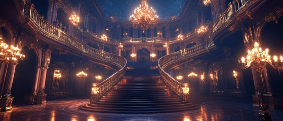 Obraz premium Majestic grand staircase in opulent palace illuminated by chandeliers under a starry night sky