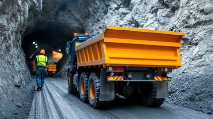 Heavy Mining Truck Transporting Materials Inside Dimly Lit Underground Tunnel with Safety Worker...