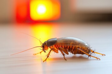 Close-Up of a Cockroach on Wooden Floor with Warm Background Light