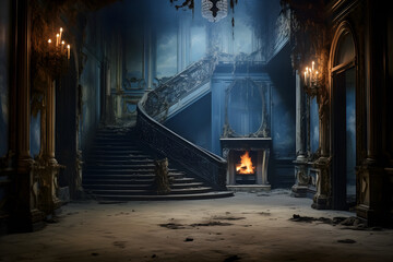 Haunting mansion interior with cobweb-laden grand staircase, perfect for use in horror novels, eerie art scenes, gothic-themed posters or atmospheric background design. Selective focus