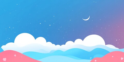 Pastel landscape with crescent moon and stars at night