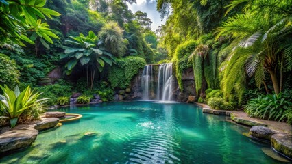 Naklejka premium pool surrounded by lush greenery, waterfalls, serene atmosphere, waterfalls, serene atmosphere, tropical plants, peaceful