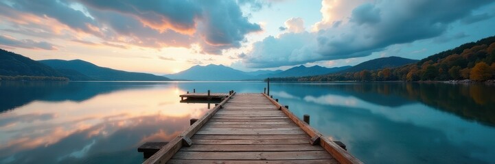 Obraz premium Rustic wooden pier extends over calm lake, dramatic clouds , travel, boardwalk, sunset