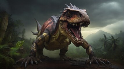 Fototapeta premium An angry dinosaur with an open mouth.