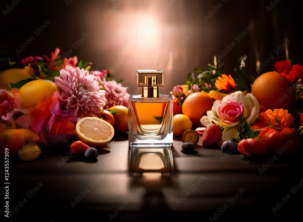Poster perfume bottle is the focus, surrounded by fresh fruits and flowers, set on a dark surface with a br