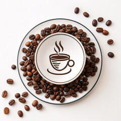 Obraz premium Coffee cup with beans on saucer, hot espresso drink with roasted aroma, brown and black coffee, perfect for a morning break