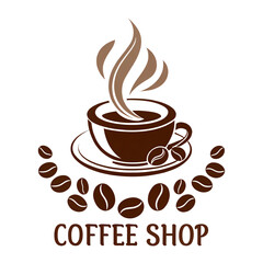 Obraz premium Coffee cup with beans on saucer, hot espresso drink with roasted aroma, brown and black coffee, perfect for a morning break