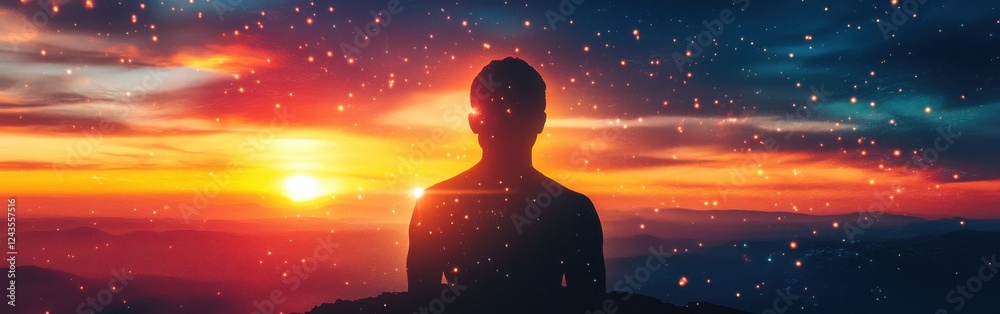 Aufkleber man meditating in a glowing sunset atmosphere with vibrant colors and cosmic elements in a serene la