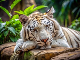 Obraz premium Majestic White Tiger Napping at Delhi Zoo: Stunning Wildlife Photography