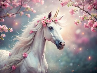 Fototapeta premium Majestic White Unicorn with Pink Floral Crown - Elegant Fantasy Stock Photo