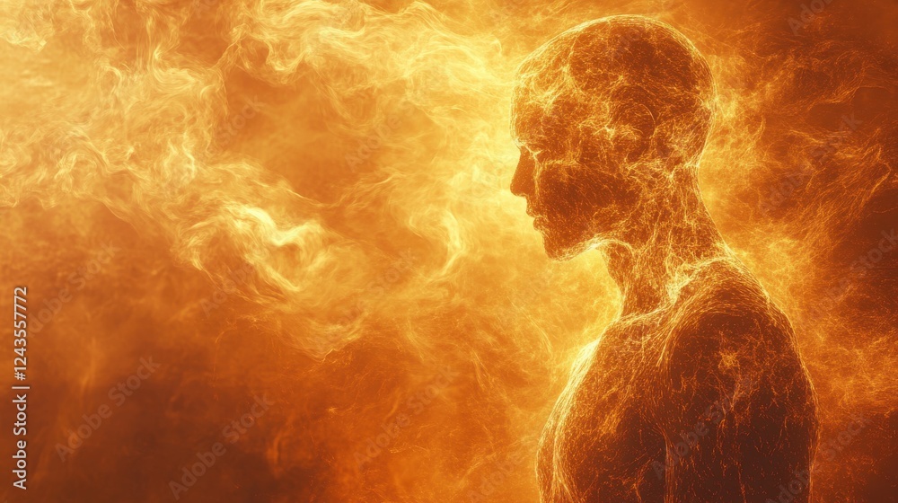 Leinwandbilder Conceptual representation of a glowing man symbolizing strength and transformation in a dramatic fiery environment