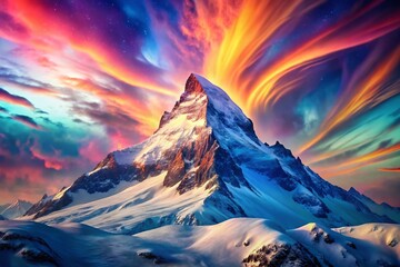 Majestic Winter Mountain Double Exposure: Snow Peak & Abstract Sky