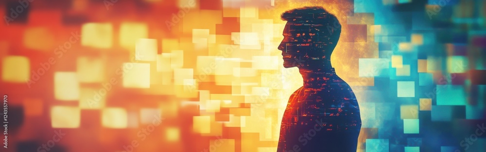 Poster concept of a glowing man against a vibrant digital backdrop at dusk reflecting creativity and intros