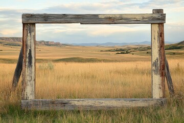 Rustic Wooden Frame Landscape View in Open Grassland Setting