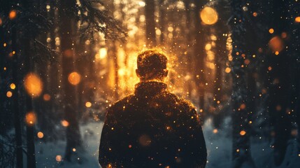 Man glowing in a mystical forest during sunset surrounded by shimmering particles