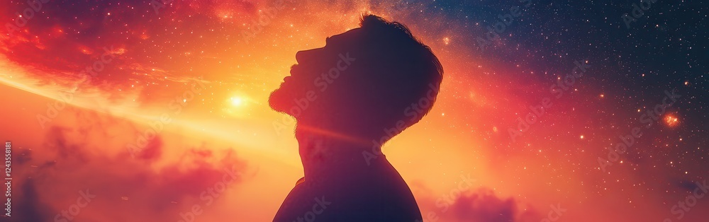 Aufkleber man illuminated by cosmic energy with a vibrant galaxy backdrop during twilight