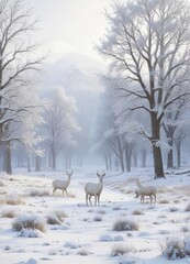 Fototapeta premium White deer family wandering through a snow-covered meadow, field, landscape, winter