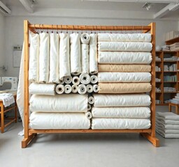 White fabric rolls arranged by size and color on a wooden rack in a sewing studio, fabric storage, home decor supplies , fabric rolls sewing studio