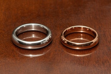 Elegant Silver and Rose Gold Wedding Bands on Wooden Surface