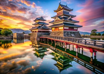 Naklejka premium Matsumoto Castle Bridge View: Japanese Cityscape Panorama