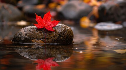 red autumn maple leaf close up on a stone in the forest with reflection in the water river lake stream pro photography