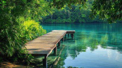Obraz premium Wooden Dock Surrounded by Lush Greenery and Clear Water, Nature Scene