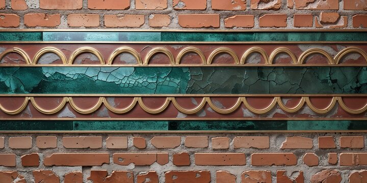 Brick Wall with Decorative Emerald and Gold Trim Features Vintage Texture and Distressed Surface