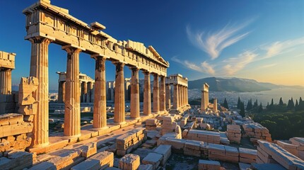 Ancient Greek ruins bathed in the golden light of sunset.  The majestic columns stand as a testament to history.