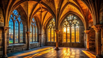 Fototapeta premium Medieval Building Interior Silhouette: Restored Stone Arch Windows, Popular Attraction