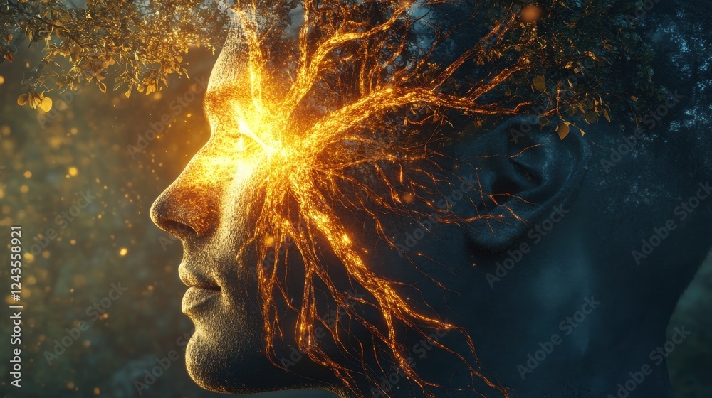 Poster conceptual depiction of a glowing man's face illustrating mind and nature integration with vibrant e