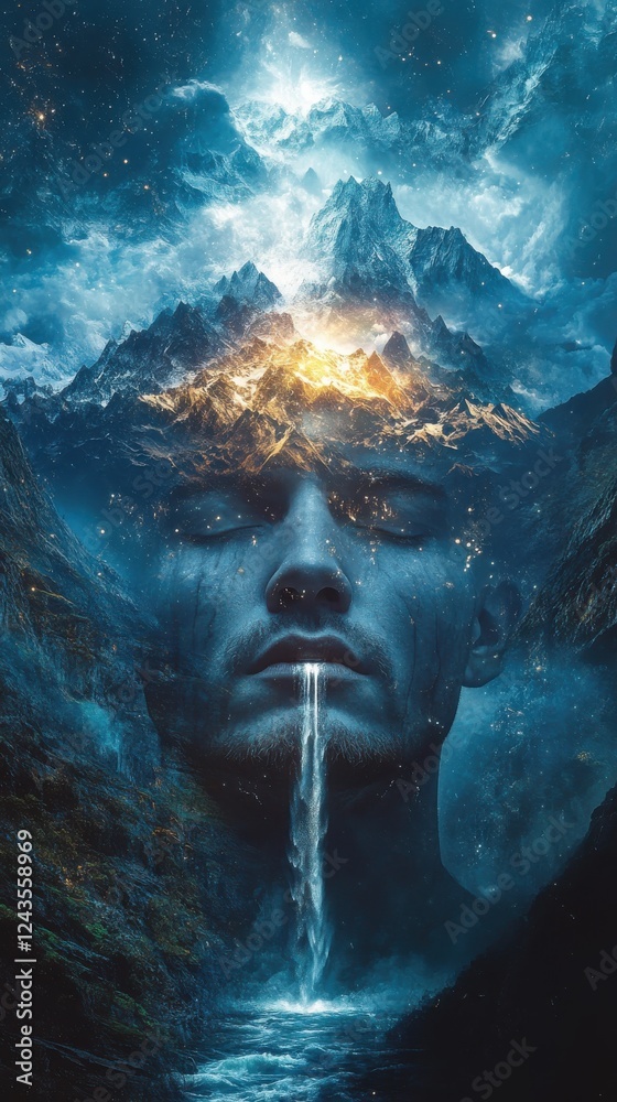 Poster conceptual depiction of a glowing man's face merging with majestic mountains and a cascading waterfa