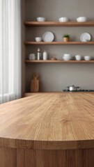 Empty beautiful round wood tabletop counter on interio