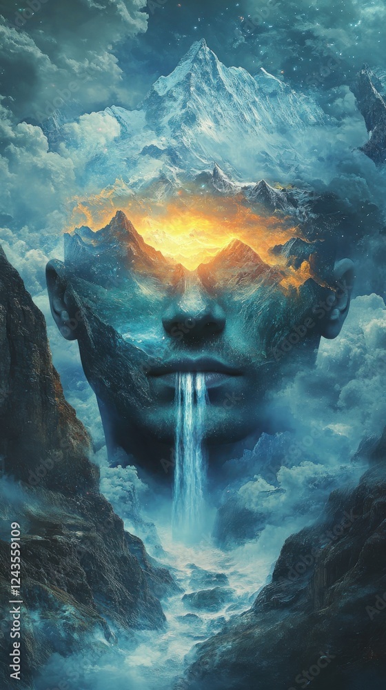 Poster conceptual depiction of a glowing man's face merging with nature and mountains in a surreal landscap