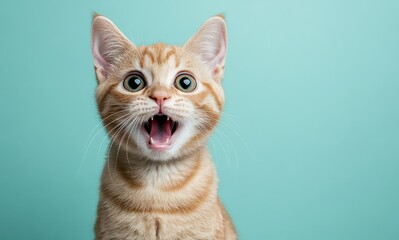 Playful orange tabby kitten with large green eyes and an open mouth, showcasing a delightful expression against a light blue background