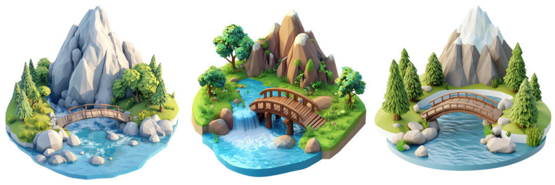 A Set of Peaceful Low-Poly Cartoon Mountain with a River Isolated on Transparent Background