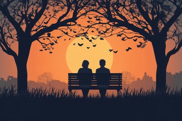 Romantic Sunset Silhouette of Couple Sitting on Bench Under Trees