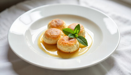 A plate of traditional Buchteln, drizzled with creamy vanilla sauce for a rich and indulgent dessert experience.