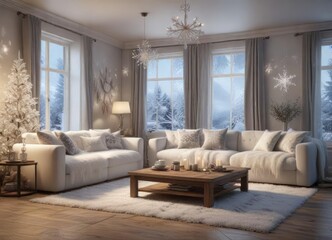 Winter wonderland-inspired living room with frosted glass decorations and snowflake-patterned throw pillows, frosty decor, cozy winter scene