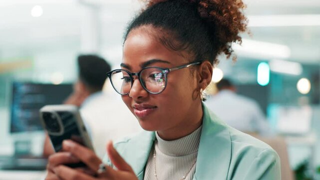 Woman, web designer and typing with phone for online testing, UI or UX for app development at office. Female person, software developer or user with mobile smartphone for debugging or fault finding