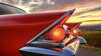 Glowing tail lights of a vintage red car reflect the warm hues of a beautiful sunset while parked on a quiet country road, evoking a sense of nostalgia and freedom