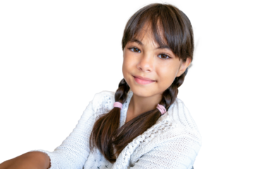 Head shot portrait of smiling adorable little kid girl sitting on comfortable couch. Joyful cute small child posing isolated over transparent background. PNG transparent.