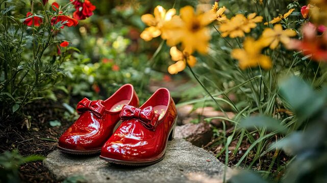 Red shoes resting on stone amidst blooming garden flowers display vibrant charm